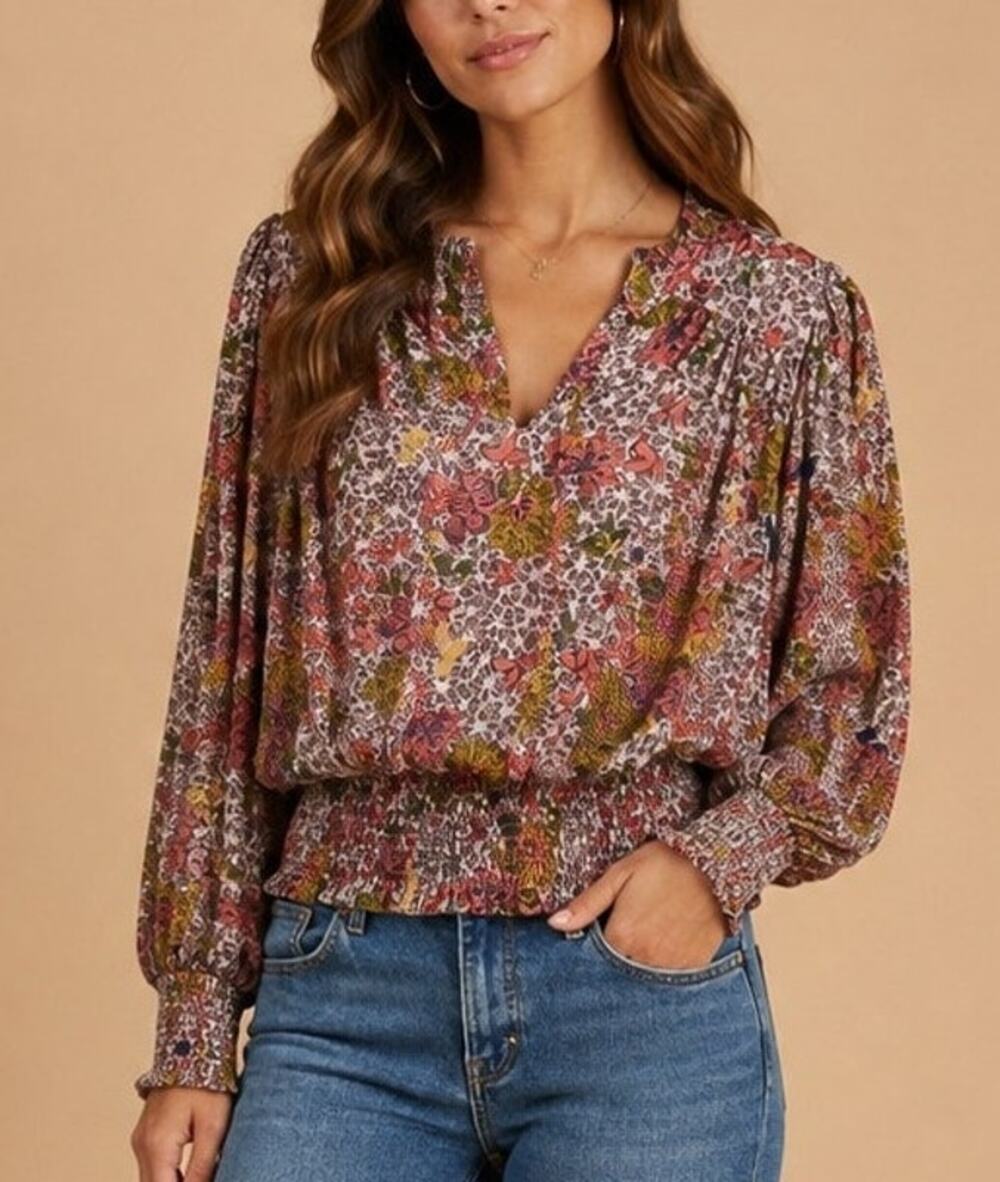 Rachel Zoe Floral Puff Sleeve Blouse Top Size M Brown Boho Peasant Prairie Fall